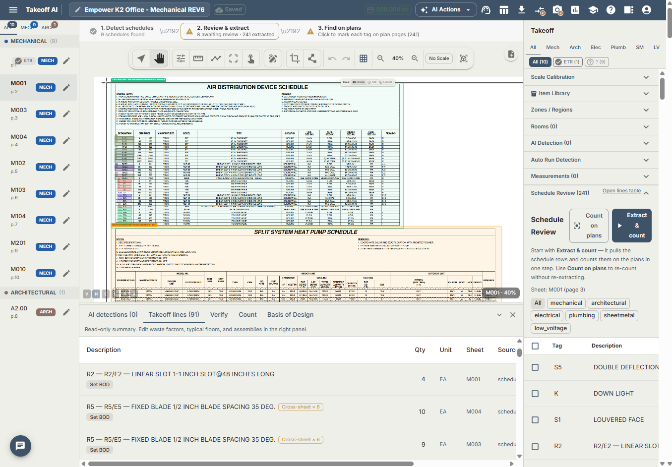 DesignFlow Build AI Blueprint Takeoff — schedule detection and extraction across MEP plan sheets